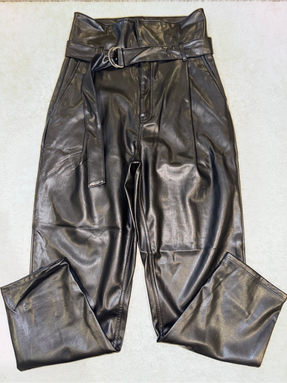 Open Edit Black Faux Leather Belted Pants